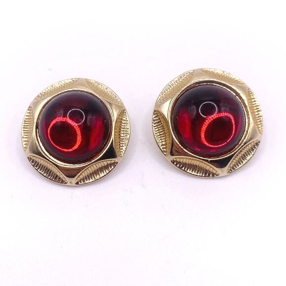M Jent Signed Pierced Vintage Earrings with Red Glass Cabochon - Picture 1 of 6